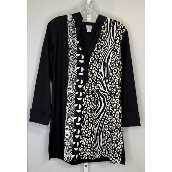 Chico’s No-Iron Tunic Top 1 (8 M) Black Animal Print Mix Zebra Leopard Stretch - Picture 1 of 8
